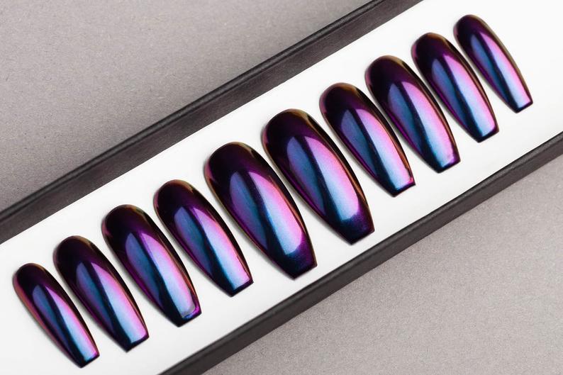 Luxury Purple And Blue Mirror Press On Nails Slaylebrity
