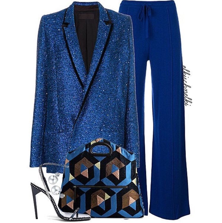 Blue ensemble, Blue blazer, Blue loose fitted pants