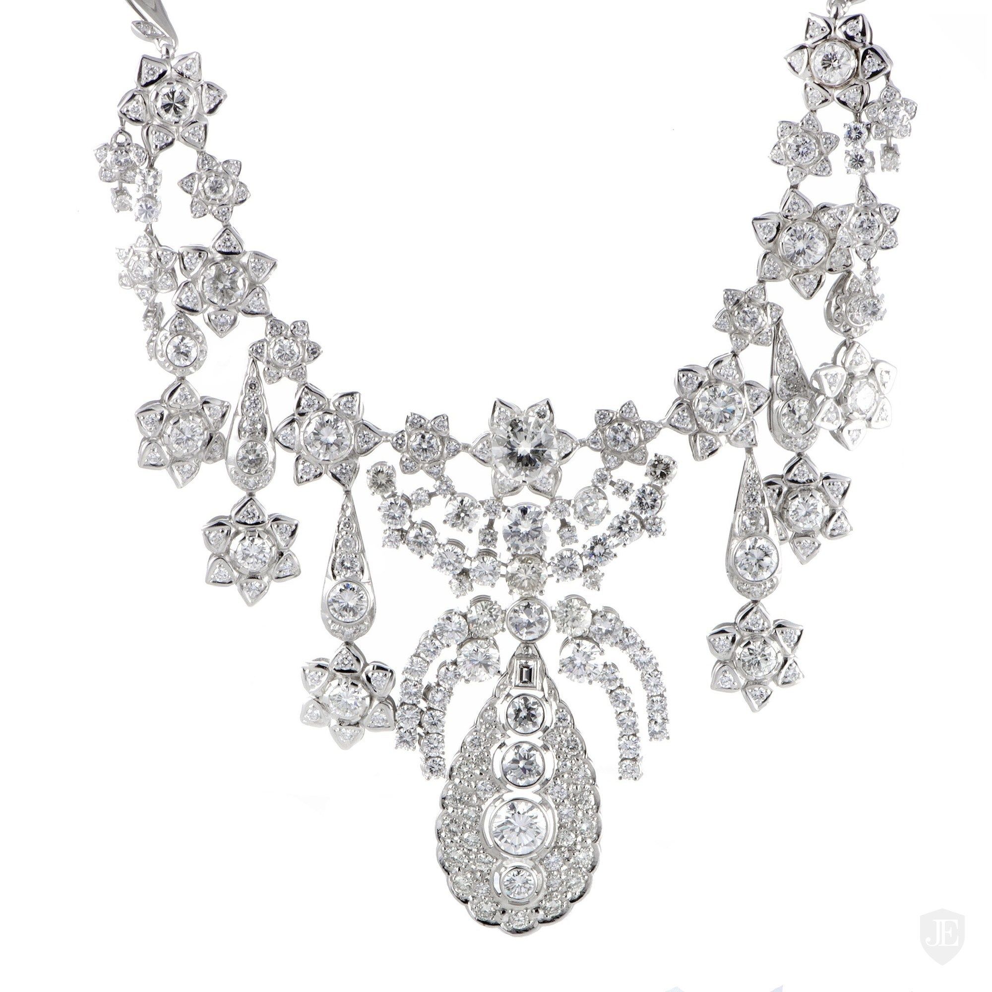 Non Branded Large 18K White Gold Diamond Floral Bib Necklace