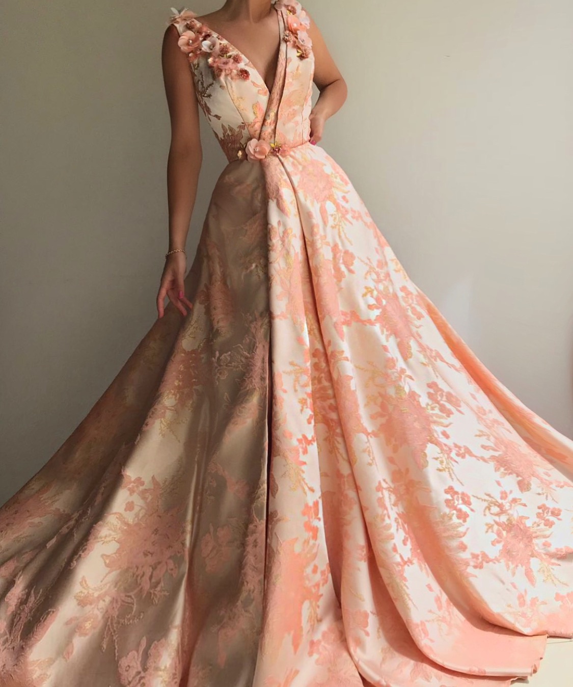 Bespoke Peach flower evening gown ...