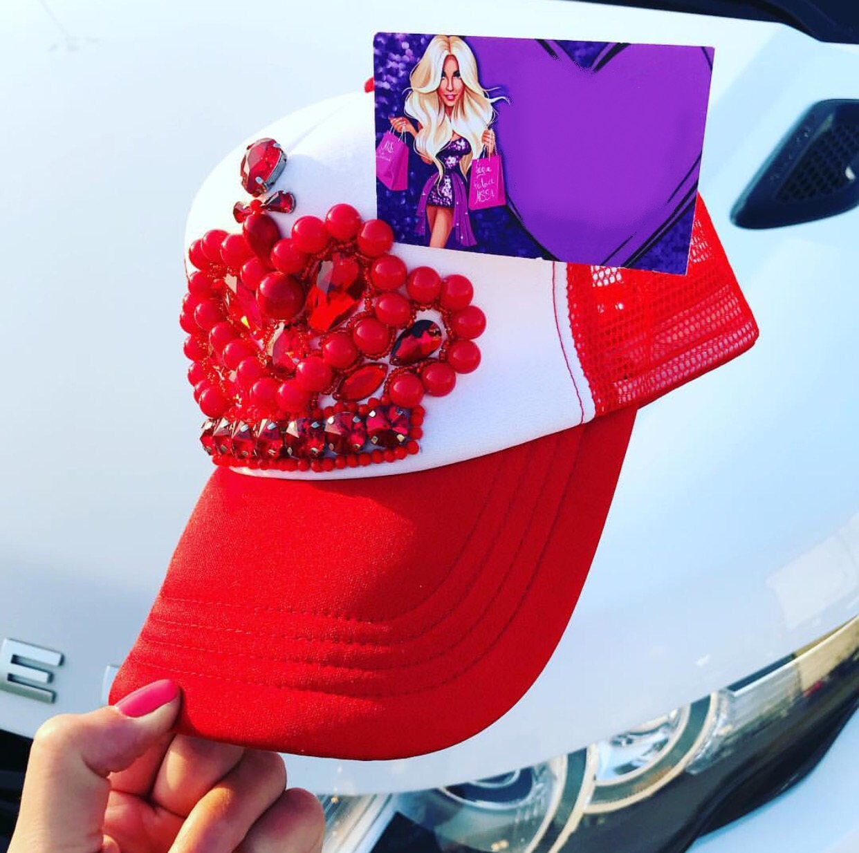 Red and white embellished snap back
