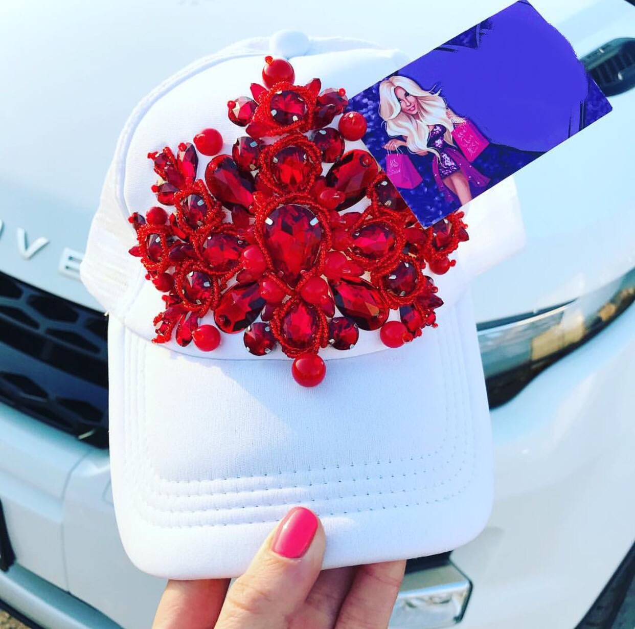 White and Red embellished luxury snap back