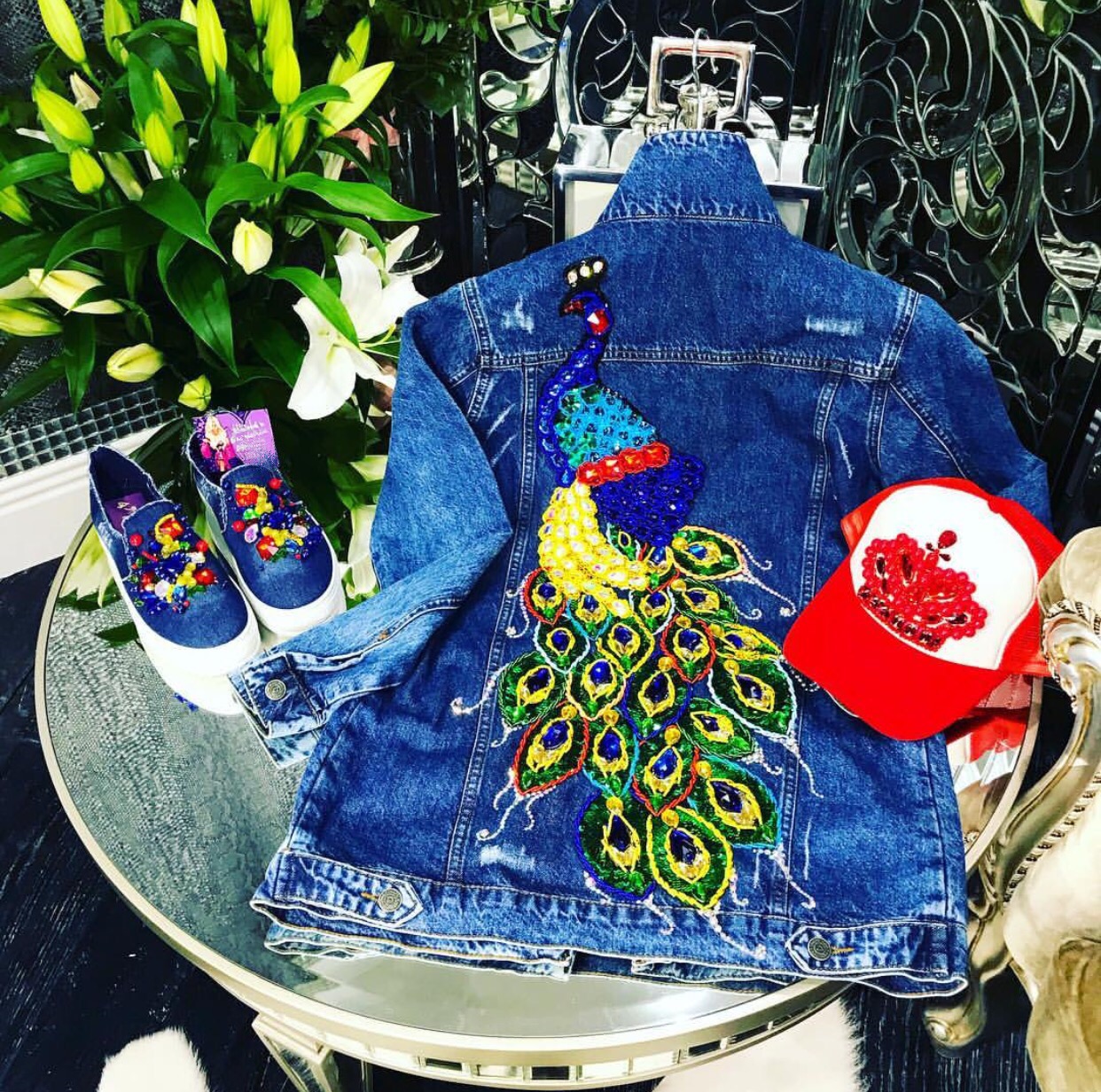 Embroidered embellished peacock denim jacket and accessories