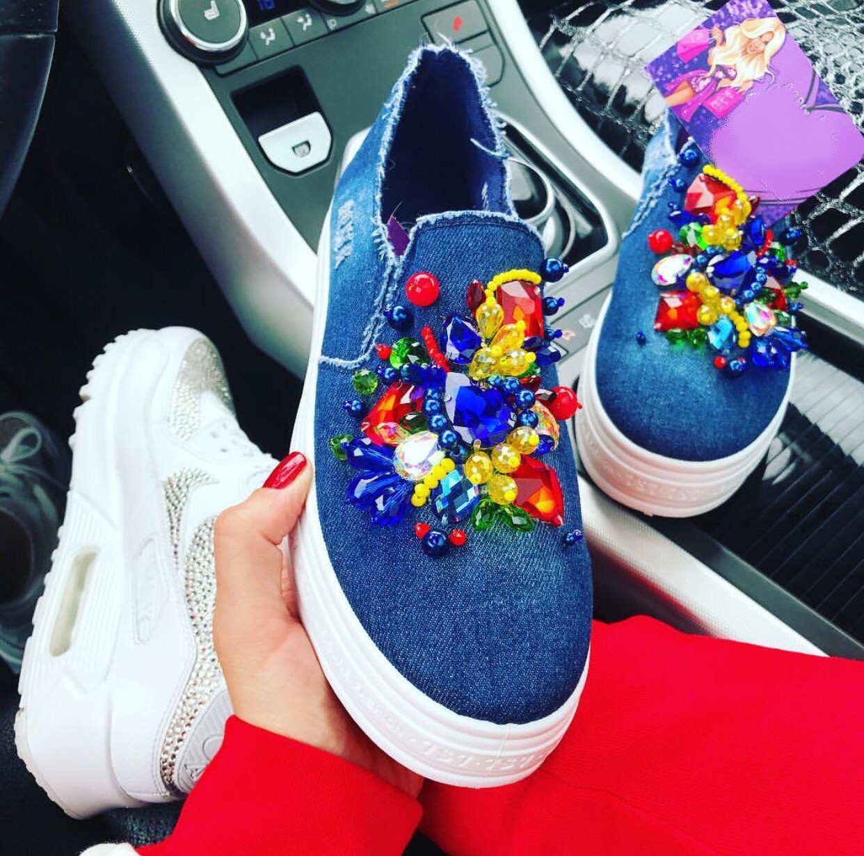 Embellished denim loafers