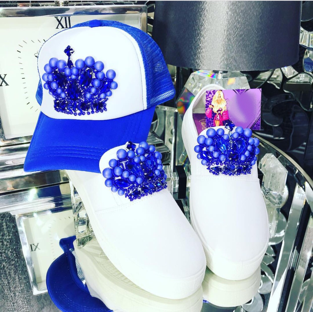 White and blue embellished snapback With matching embellished loafers