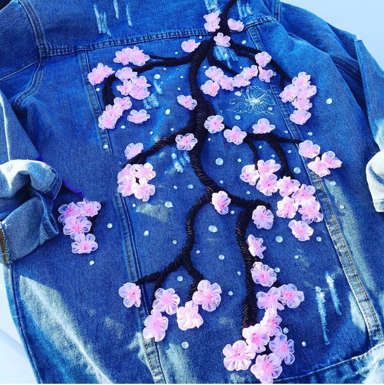 Dark blue denim floral embellished jacket