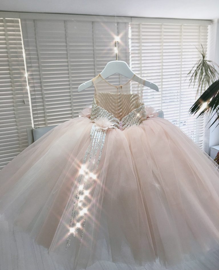 Powder Blush embellished kids couture gown | Slaylebrity