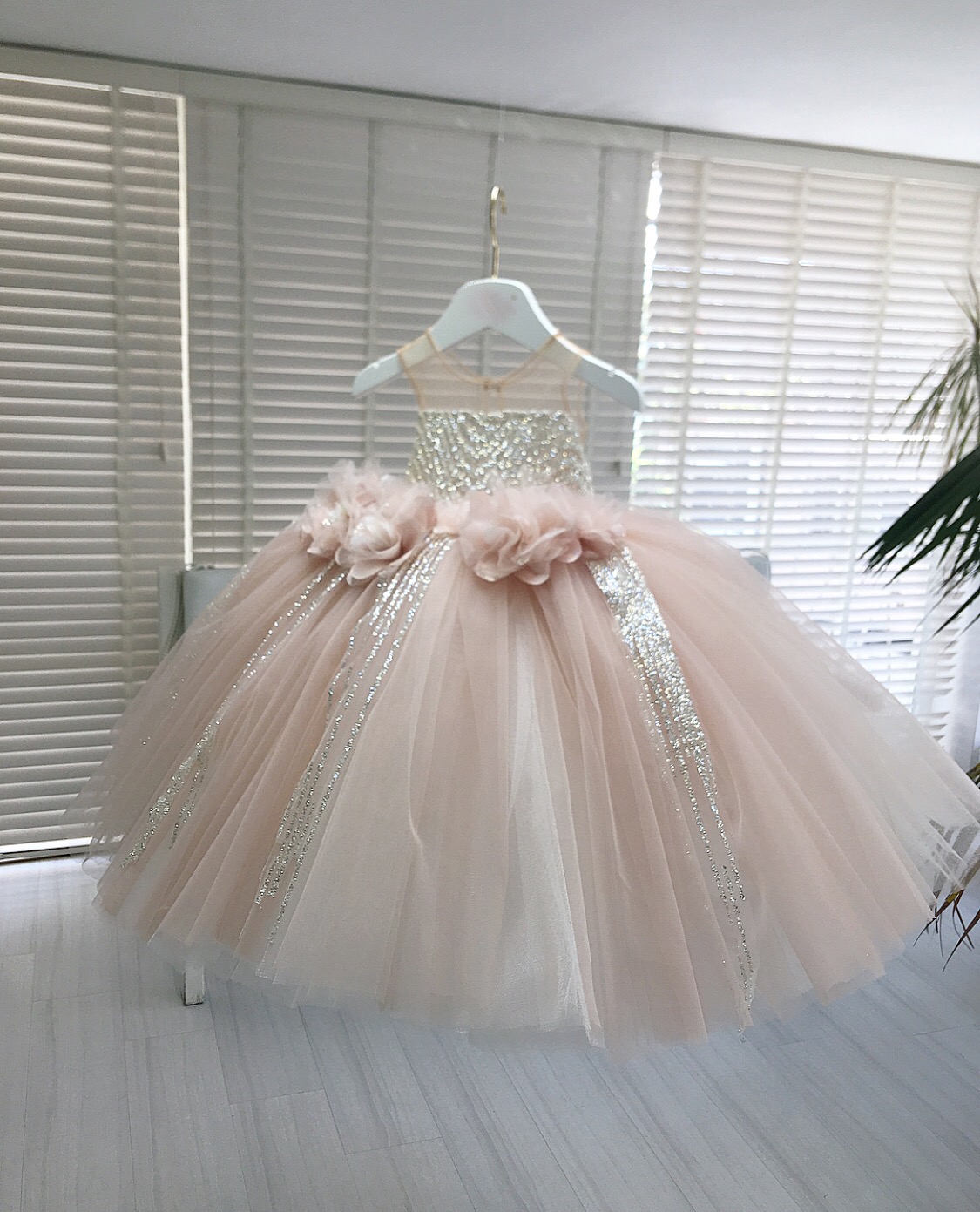 Powder Blush embellished kids couture gown