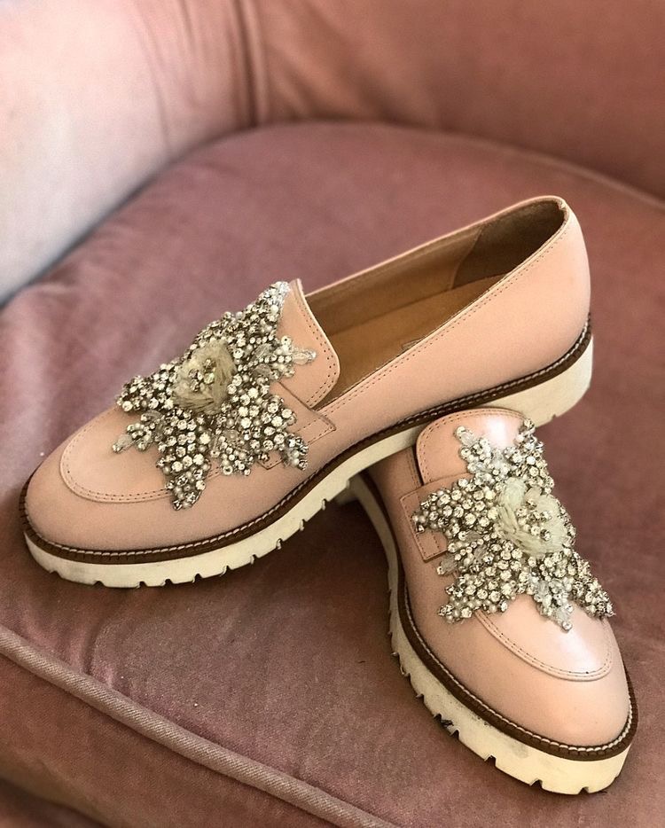 Embellished blush loafers