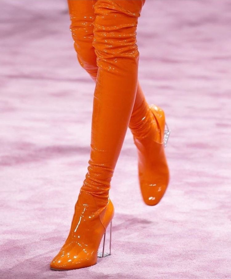 Glossy orange couture boots - Slaylebrity