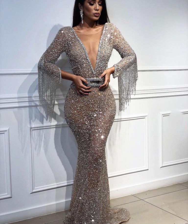 ‪High Fashion silver sparkle beaded dress‬ - Slaylebrity