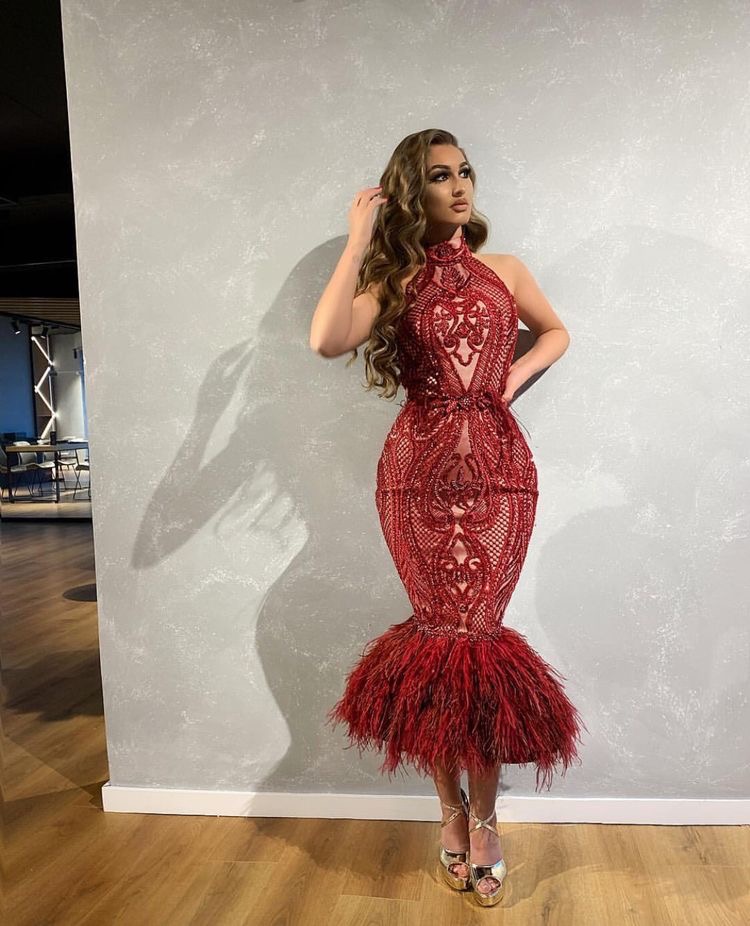 feather dress red