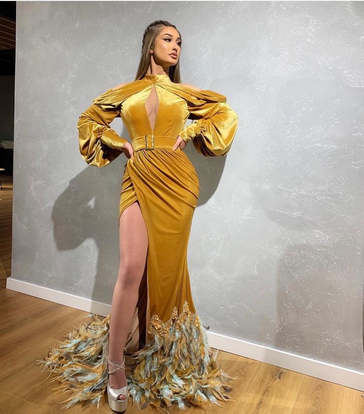 Mustard yellow high fashion ostrich feather couture dress - Slaylebrity