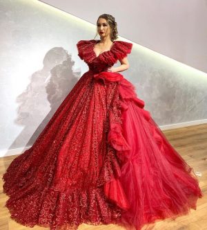 Red poofy embellished giant ball gown dress - Slaylebrity