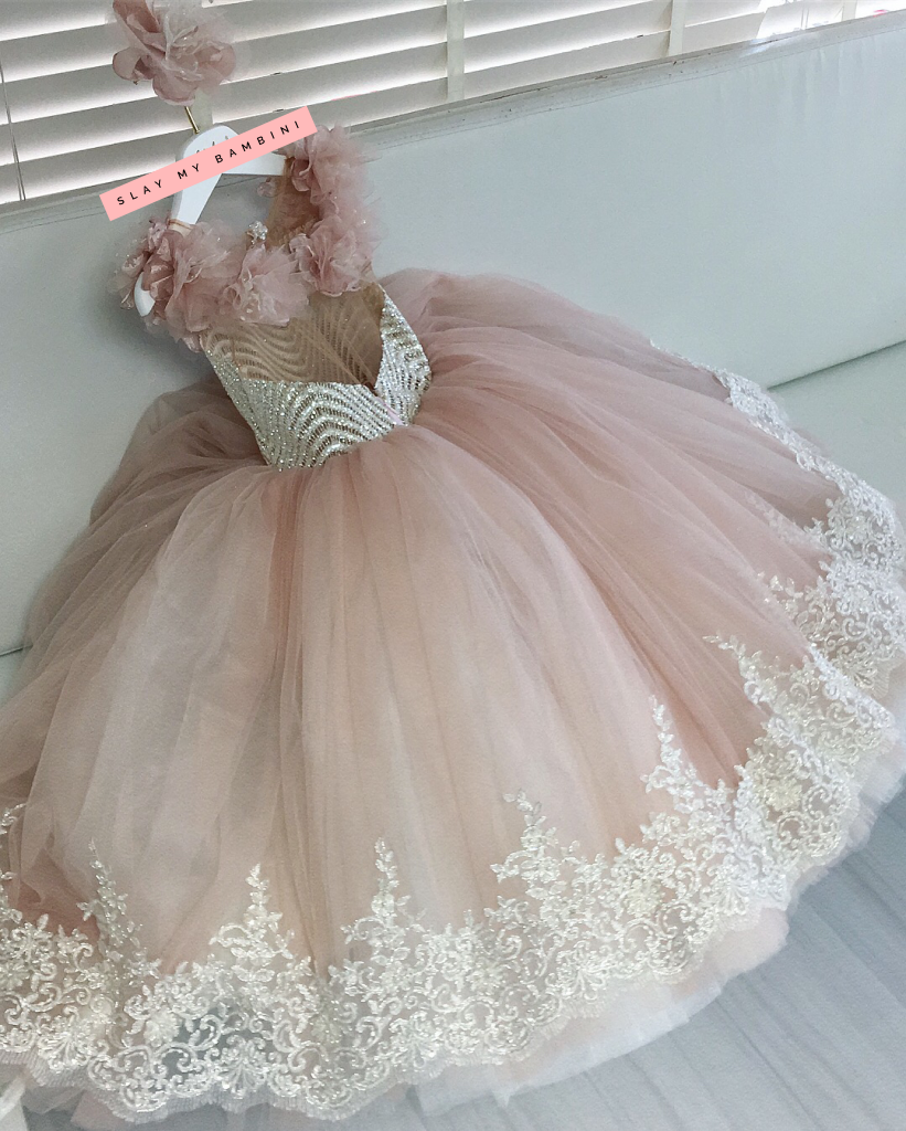 Embellished crystal and floral powder pink kids couture dress - Slaylebrity