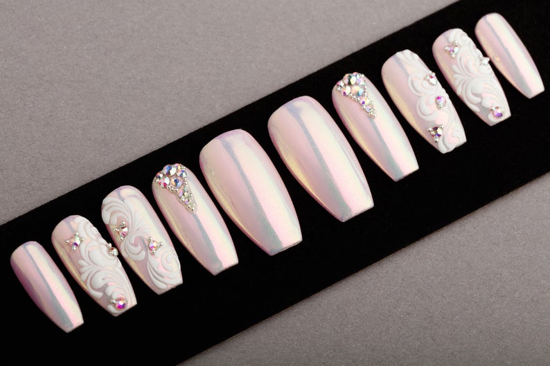 Pink Mirror with rhinestones Press on Nails | Slaylebrity