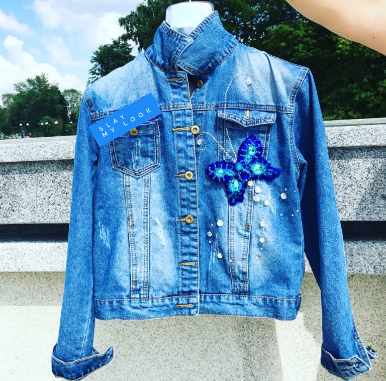 Custom butterfly embellished blue denim jacket - Slaylebrity