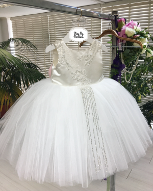 Ultra Luxe white and silver with pink bow kids couture dress