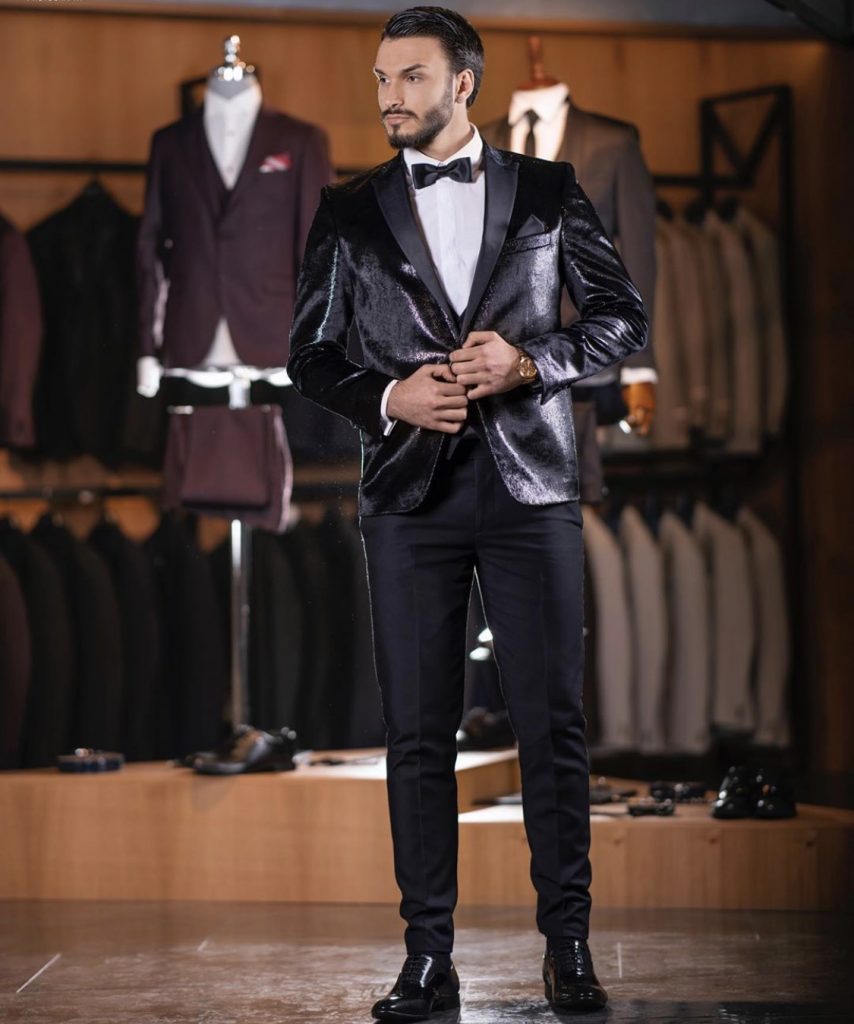 High shine black custom suit - Slaylebrity