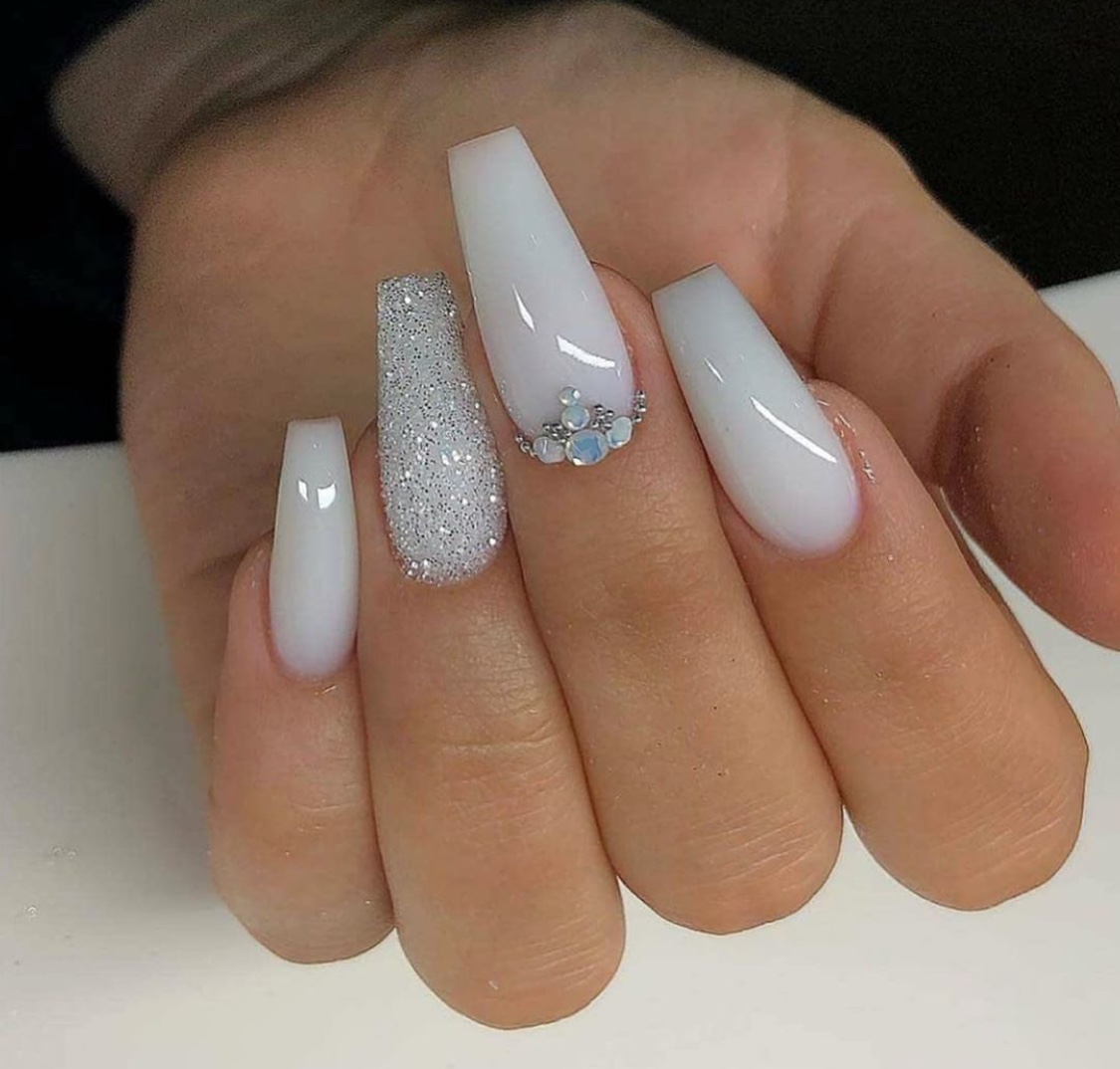 Milky White Bling crystal Luxury Press on Nails | Slaylebrity