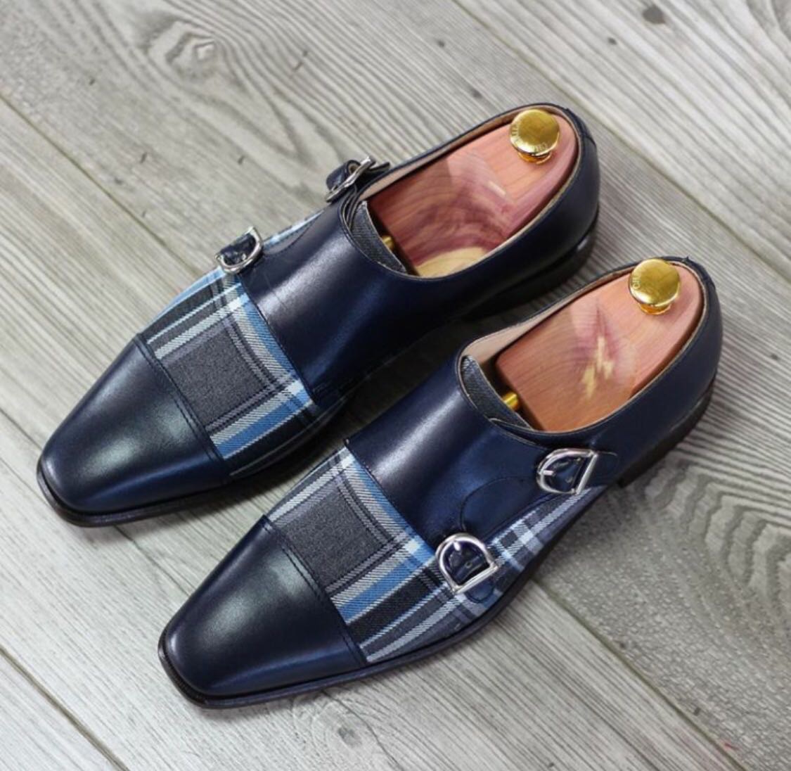 Blue plaid custom Men’s Leather shoes - Slaylebrity