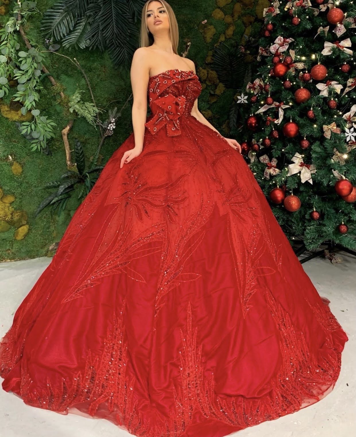 Red embellished ball gown dress ...