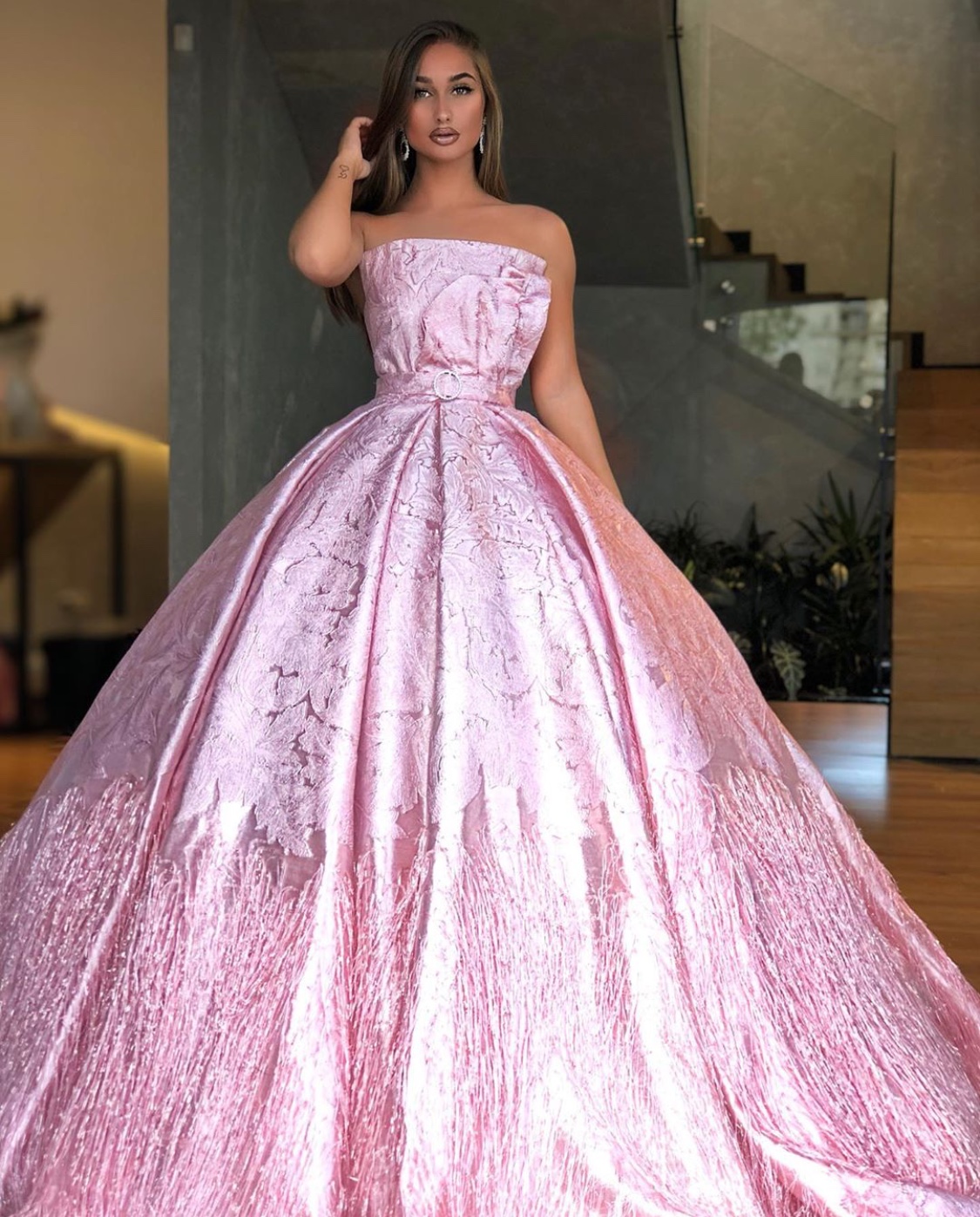 Pink cascading ostrich feather embroidered ball gown - Slaylebrity