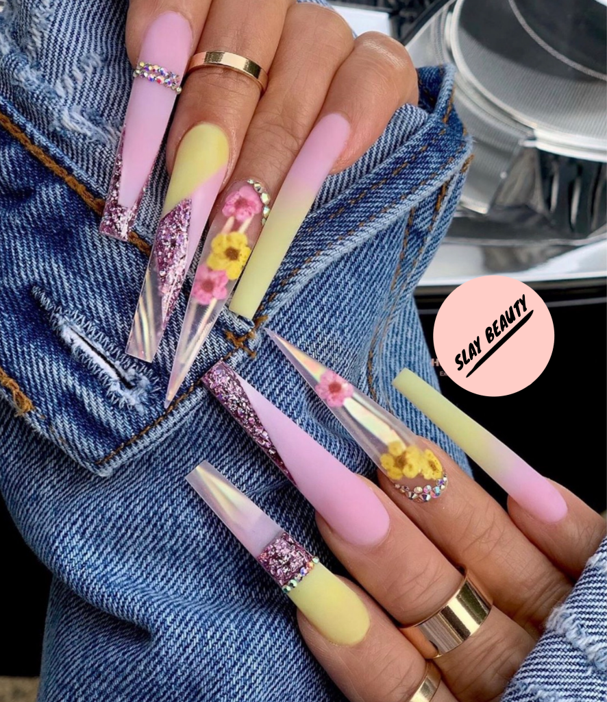 Luxury pastel pink yellow sunflower sparkle Press on Nails - Slaylebrity