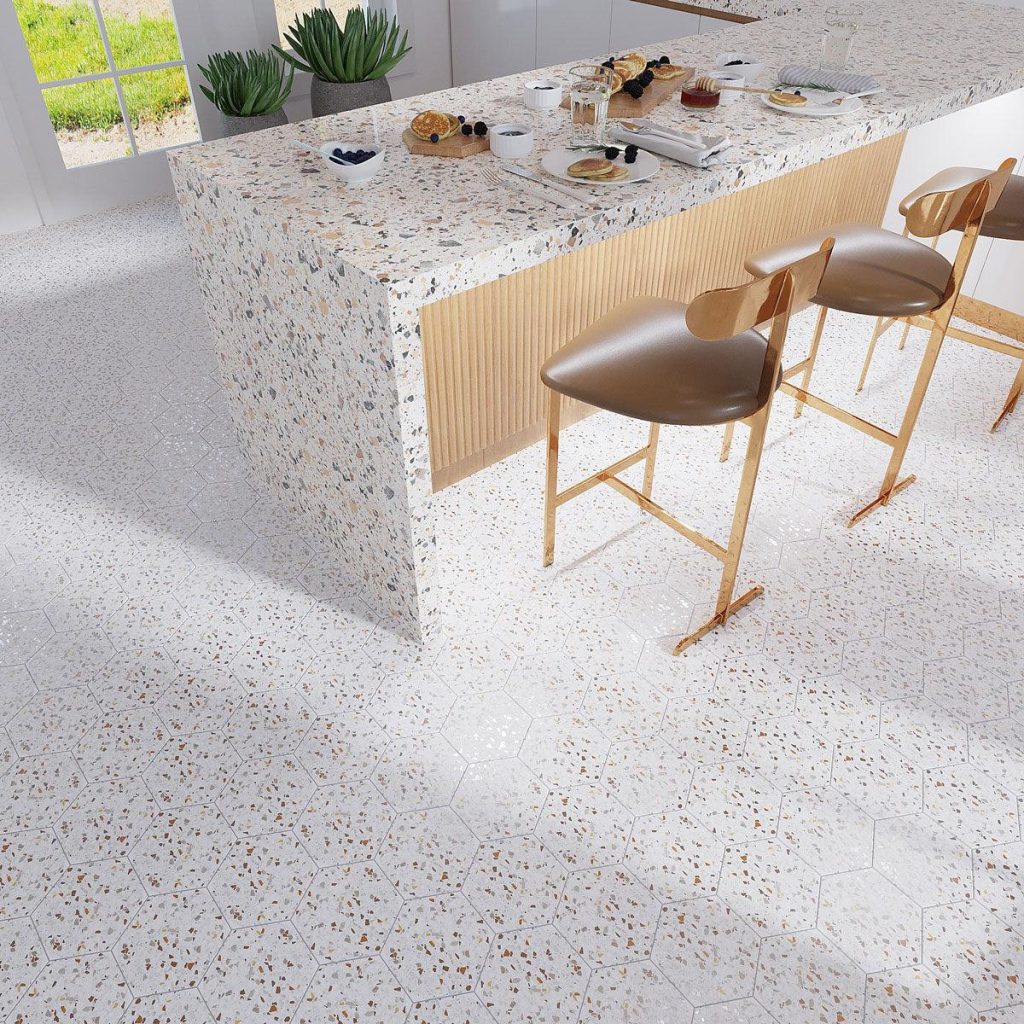 Lush sand terrazzo aesthetic hexagon porcelain tile